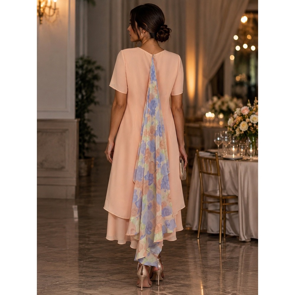 Leslie Fay Dress Women 10P Peach Floral Layered Vintage Chiffon Evening Gown